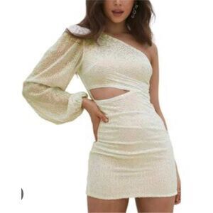 Just Quella Cream Sequin Bodycon One Sleeve Mini Dress